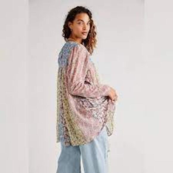 Free People Merrie Mix tunic small blue pink boho - Picture 2 of 12